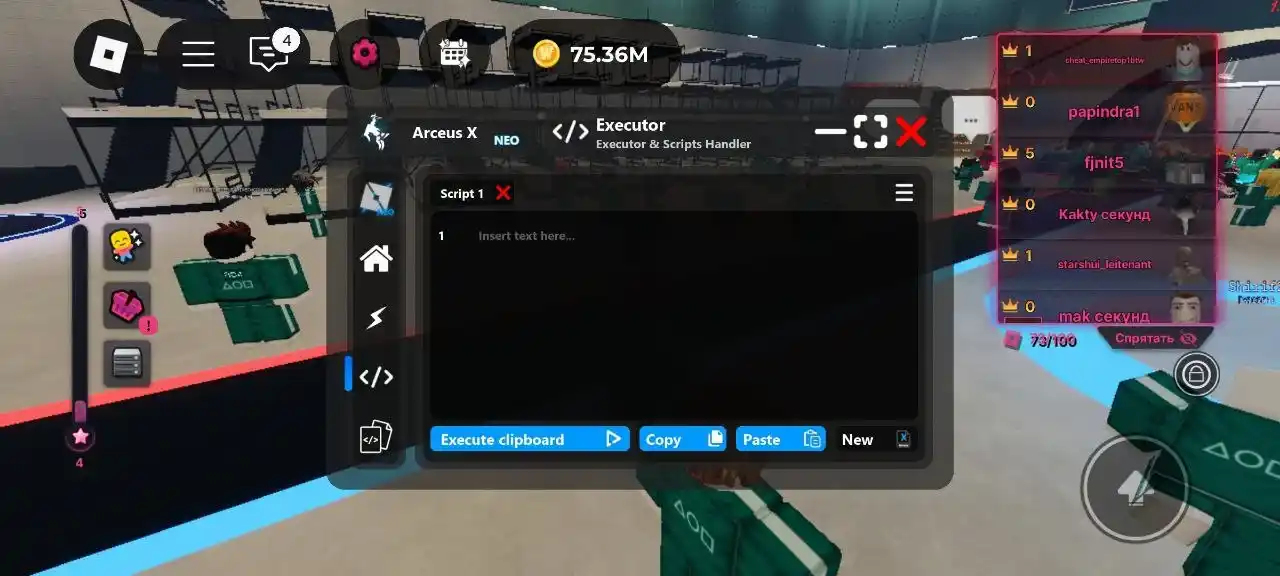 Окно экзекутора Arceus X Neo поверх Roblox: поле для скрипта и кнопки Execute clipboard, Copy, Paste